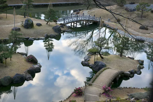 View of Gyokusen-inmaru Garden in Kanazawa, Japan on January 8, 2016.  Gyokusen-inmaru Garden existed in Kanazawa Castle's Gyokusen-inmaru from 1634, when Toshitsune Maeda, the third lord of the Kaga Domain, had it constructed, until the abolition of the feudal system. The garden was abandoned in the Meiji Era (1868-1912) and lost its former appearance. However, reconstruction work was initiated in May of 2013, following a design process based on the results of a five-year excavation survey that began in 2008, as well as old drawings, literature, similar case studies, and other information. (Photo by Linda Davidson/The Washington Post)