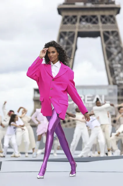 Cindy Bruna wears a creation for the L'Oreal Spring-Summer 2022 ready-to-wear fashion show presented in Paris, Sunday, October 3, 2021. (Photo by Vianney Le Caer/Invision/AP Photo)