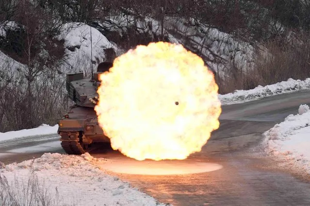 South Korea's K1A2 tank fires during the joint military drill between South Korea and the United States at Seungjin Fire Training Field in Pocheon, South Korea, Thursday, January 4, 2024. (Photo by Lee Jin-man/AP Photo)