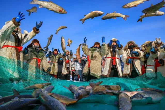 Fishermen show harvested fish during winter fishing season in Bosten Lake on January 20, 2024 in Bayingolin Mongol Autonomous Prefecture, Xinjiang Uygur Autonomous Region of China. (Photo by Nian Lei/VCG via Getty Images)