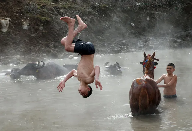 A child is seen jumping into the hot spring water as young people bathe buffaloes and horses fed in the barn during the winter at Budakli village in Guroymak district of Bitlis, Turkiye on February 13, 2024. (Photo by Sener Toktas /Anadolu via Getty Images)