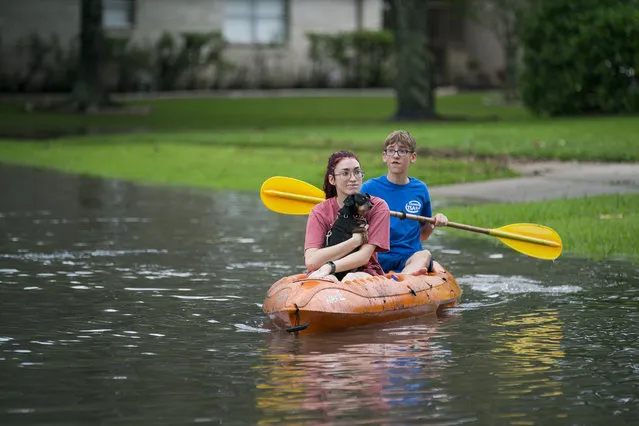 Siblings Katie and Lander Meinen survey their street by kayak with their dog, Bailey, in the Colony Bend neighborhood of Sugar Land, Texas, on Wednesday, May 8, 2019. Residents have been surprised that the water has not receded more quickly as it has in the past when the rain has stopped. More rain is forecast for the coming days. (Photo by Mark Mulligan/Houston Chronicle via AP Photo)