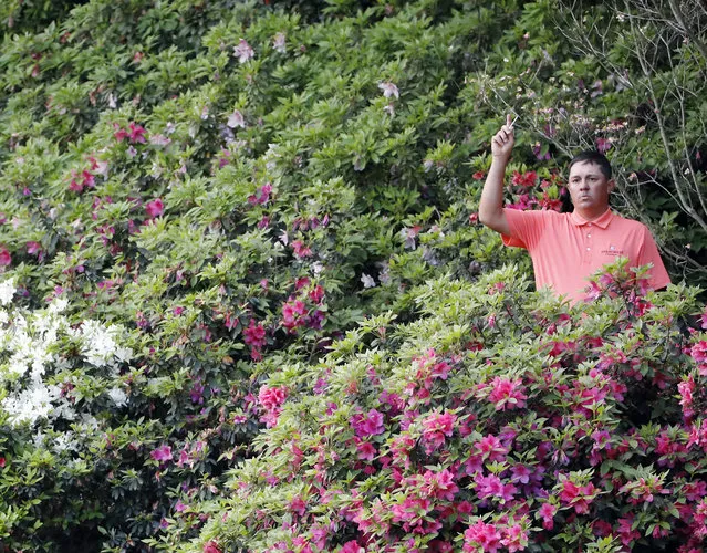 Jason Dufner indicates that he found his ball in the azaleas on the 13th hole during the first round of the Masters golf tournament Thursday, April 7, 2016, in Augusta, Ga. (Photo by David J. Phillip/AP Photo)