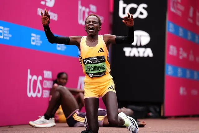 Peres Jepchirchir reacts after winning the women's elite race and breaking the women's record during the TCS London Marathon on Sunday, April 21, 2024. (Photo by John Walton/PA Images via Getty Images)