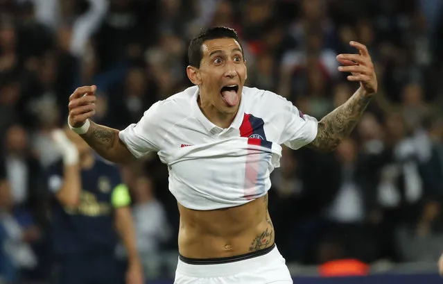 PSG's Angel Di Maria celebrates after scoring his side's second goal during the Champions League group A soccer match between PSG and Real Madrid at the Parc des Princes stadium in Paris, Wednesday, September 18, 2019. (Photo by Francois Mori/AP Photo)