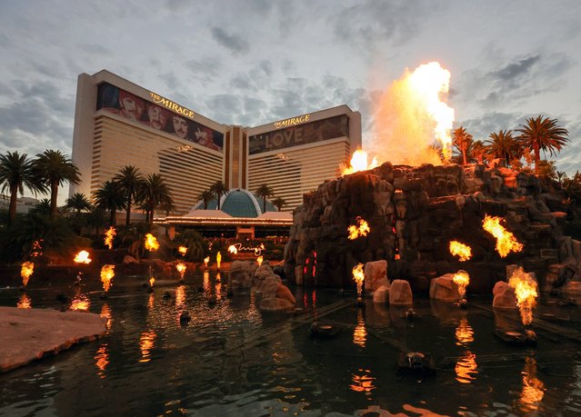 The volcano attraction in front of The Mirage Hotel & Casino erupts on July 16, 2024, in Las Vegas, Nevada. Hard Rock International (HRI) will close the resort on July 17, 2024, to begin a construction project to transform the property into the Hard Rock Hotel & Casino and Guitar Hotel Las Vegas by 2027. HRI purchased the resort, which opened in 1999 for USD 630 million as the first megaresort on the Las Vegas Strip, from MGM Resorts International in 2021 for USD 1.075 billion in cash. (Photo by Ethan Miller/Getty Images)