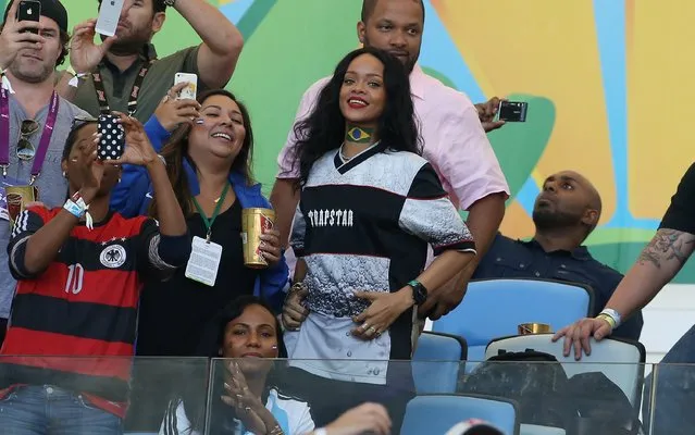 Rihanna attends the 2014 FIFA World Cup Brazil Final match between Germany and Argentina at Estadio Maracana on July 13, 2014 in Rio de Janeiro, Brazil. (Photo by Jean Catuffe/Getty Images)