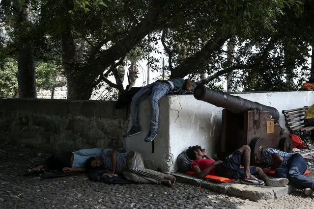 Migrants sleep in a central square of Kos town on the southeastern island of Kos, Monday, August 10, 2015. (Photo by Yorgos Karahalis/AP Photo)