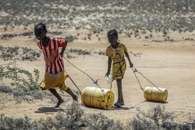 Young girls pull containers of water during a drought as they return to their huts from a well in the village of Lomoputh in northern Kenya on, May 12, 2022. Better climate-related research and early weather warning systems are needed as extreme weather – from cyclones to drought – continues to inflict the African continent, said the Sudanese billionaire and philanthropist Mo Ibrahim, who heads up his own foundation. (Photo by Brian Inganga/AP Photo/File)
