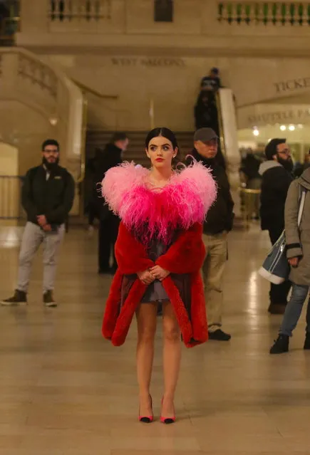 Lucy Hale pictured filming a scene with Zane Holtz before wrapping Season 1 production at the “Katy Keene” set inside Grand Central Station in Midtown, Manhattan on February 7, 2020. (Photo by Jose Perez/Splash News and Pictures)