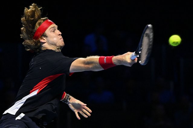 Russia's Andrey Rublev returns a ball to US' Ben Shelton during their men's quarter-final match at the Swiss Indoors ATP 500 tennis tournament in Basel on October 25, 2024. (Photo by Fabrice Coffrini/AFP Photo)