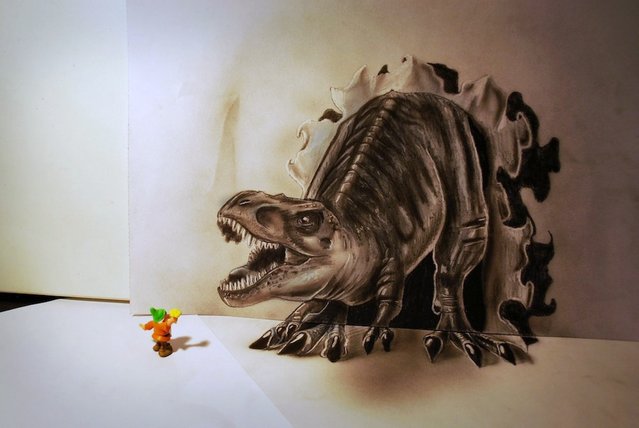 Ramon Bruin’s 3D illustration of a Tyrannosaurus Rex with a small dwarf figure to show scale. (Photo by Ramon Bruin/Medavia)