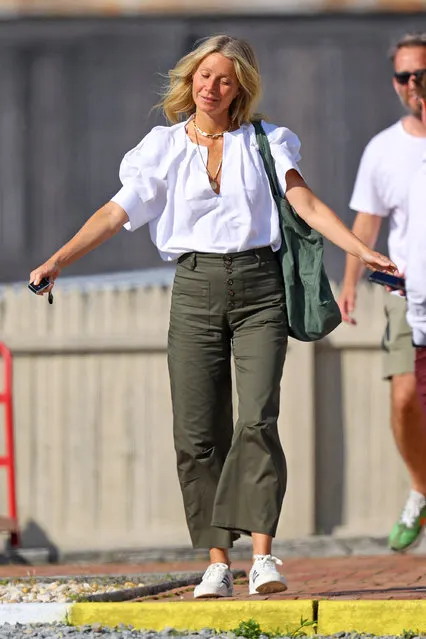 Gwyneth Paltrow is spotted in The Hamptons on July 12, 2022. The 49 year old actress arrived at an airport looking stylish in a white blouse, Army green trousers, and white trainers. (Photo by The Image Direct)