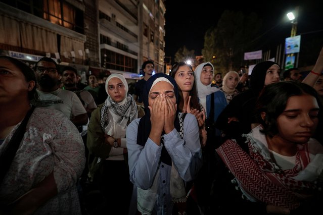 A woman reacts during a protest after hundreds of Palestinians were killed in a blast at Al-Ahli hospital in Gaza that Israeli and Palestinian officials blamed on each other, in Beirut, Lebanon on October 17, 2023. (Photo by Zohra Bensemra/Reuters)