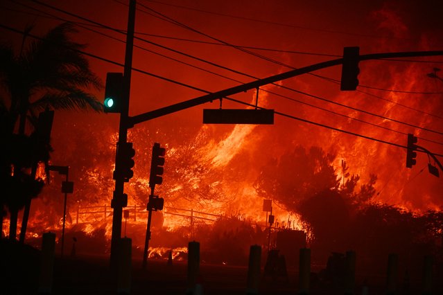 Flames overtake the intersection of Temescal Canyon and Pacific Coast Highway Fire at the Palisades Fire in Pacific Palisades California on January 7, 2025. A fast-moving wildfire in a Los Angeles suburb burned buildings and sparked panic, with thousands ordered to evacuate January 7, 2025 as “life threatening” winds whipped the region. Frightened residents abandoned their cars on one of the only roads in and out of the upscale Pacific Palisades area, fleeing on foot from the 770-acre (310-hectare) blaze engulfing an area crammed with multi-million dollar homes in the Santa Monica Mountains. (Photo by Robyn Beck/AFP Photo)