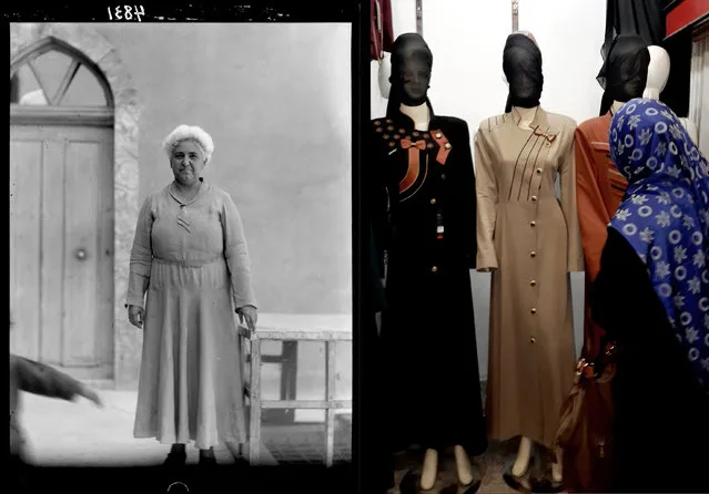 This combination of two photographs shows a 1932 image of Lady Surrma of the Assyrian community posing for a portrait in Mosul, northern Iraq, from the Library of Congress, left, and an Iraqi woman looking at a shop display in central Mosul after the Islamic State group ordered clothes shop owners to cover the faces of the mannequins on Monday, July 21, 2014. The shop owners said, apparently in line with strict interpretations of Shariah law that forbid statues or artwork depicting the human form. (Photo by AP Photo)