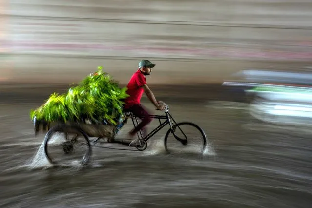 A man rides his cycle rickshaw, ferrying plants, through a waterlogged street as it rains in New Delhi, India, Thursday, September 22, 2022. (Photo by Altaf Qadri/AP Photo)