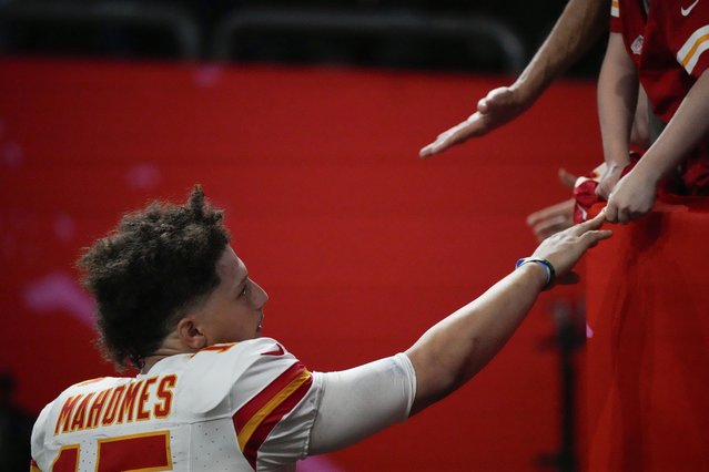 Kansas City Chiefs quarterback Patrick Mahomes (15) shakes hands with fans as he leaves the field following a loss to the Philadelphia Eagles in the NFL Super Bowl 59 football game, Sunday, February 9, 2025, in New Orleans. (Photo by Stephanie Scarbrough/AP Photo)