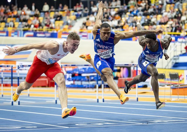 (l-r) Jakub Szymanski of Poland, Wilhem Belocian of France, Just Kwaou-Mathey of France during the men's 60 meter hurdles final on the second day of the European Athletics Indoor Championships in Apeldoorn, Netherlands, 07 March 2025. (Photo by Robin van Lonkhuijsen/EPA)