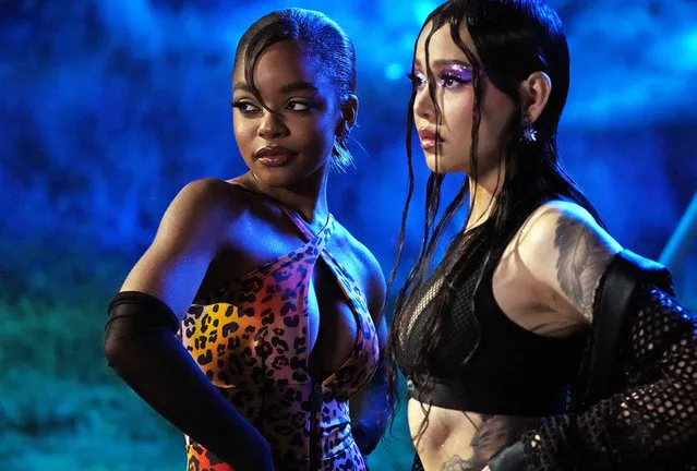 (L-R) In this image released on November 2, actress Marsai Martin and singer Bella Poarch are seen during Rihanna's Savage X Fenty Show Vol. 4 presented by Prime Video in Simi Valley, California; and broadcast on November 9, 2022. (Photo by Kevin Mazur/Getty Images for Rihanna's Savage X Fenty Show Vol. 4 presented by Prime Video)