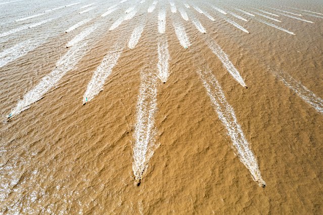 Tidal bore soars through buoys, creating arrow-like tide on the Qiantang River on March 1, 2025 in Ningbo, Zhejiang Province of China. (Photo by Li Huachun/VCG via Getty Images)
