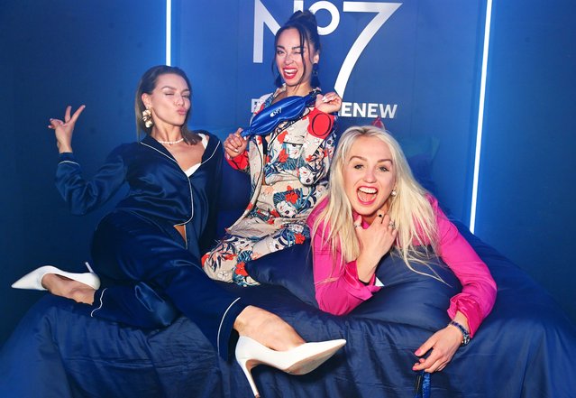 (L to R) Jowita Przystał, Katya Jones and British Olympian Aimee Fuller attend a pyjama-themed launch party for No7 Future Renew Damage Reversal Night Serum on “National Wear Your Pyjamas to Work Day” at Ministry of Sound on April 16, 2025 in London, England. (Photo by Dave Benett)