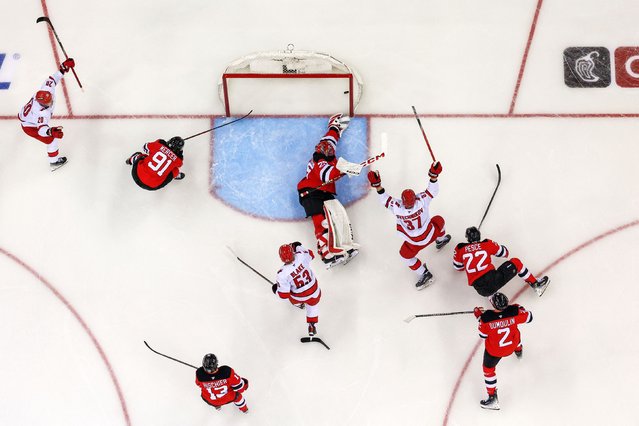 Carolina Hurricanes right wing Andrei Svechnikov (37) celebrates a goal against the New Jersey Devils during the second period in game four of the first round of the 2025 Stanley Cup Playoffs at Prudential Center in Newark, New Jersey on April 27, 2025. (Photo by Ed Mulholland/Reuters)