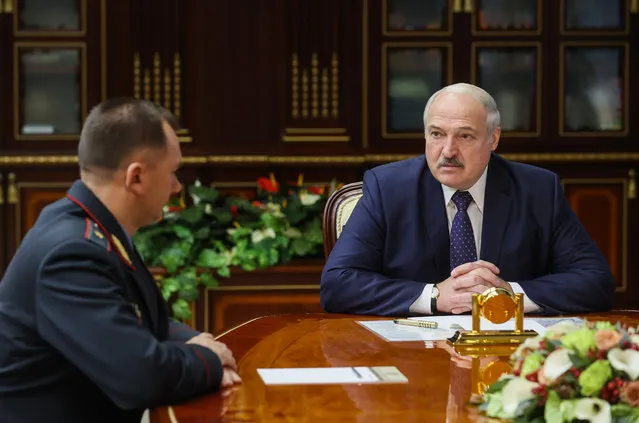 Former Head of the Minsk Chief Directorate of Internal Affairs Ivan Kubrakov (L), appointed Belarus' Minister of Internal Affairs, and Belarus' President Alexander Lukashenko during a meeting in Minsk, Belarus on October 29, 2020. (Photo by Nikolai Petrov/TASS via Getty Images)