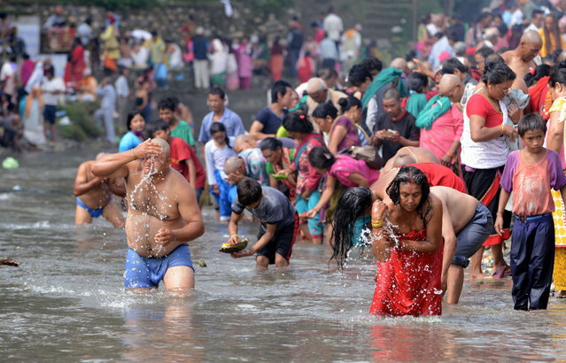 Nepalese Hindu devotees take a holy bath during a ritual to observe the “Kuse Aunse” (Father's Day) Festival at the Gokarneswar Mahadev Temple at Gokarna, on the outskirts of Kathmandu on September 5, 2013. During the festival, Nepalese Hindus from all over the country, whose fathers have passed away, come to the Gokarneswar Mahadev Temple to worship, take holy baths, and present offerings. (Photo by Prakash Mathema/AFP Photo)