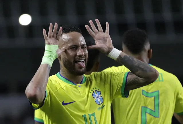Brazil's Neymar celebrates scoring his side's 5th goal against Bolivia during a qualifying soccer match for the FIFA World Cup 2026 at Mangueirao stadium in Belem, Brazil, Friday, September 8, 2023. (Photo by Bruna Prado/AP Photo)