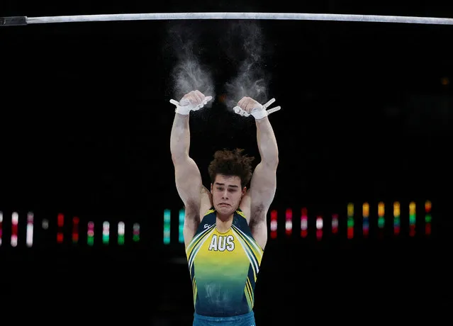 Australia's James Hardy slips off the horizontal bar at the World Artistic Gymnastics Championships in Antwerp, Belgium on September 30, 2023. (Photo by Yves Herman/Reuters)