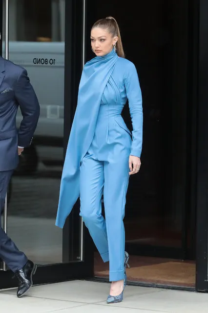 Gigi Hadid leaves home in light blue in New York on April 5, 2019. (Photo by Splash News and Pictures)