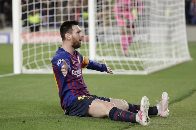 Barcelona's Lionel Messi celebrates after scoring his side's third goal during the Champions League semifinal, first leg, soccer match between FC Barcelona and Liverpool at the Camp Nou stadium in Barcelona, Spain, Wednesday, May 1, 2019. (Photo by Emilio Morenatti/AP Photo)