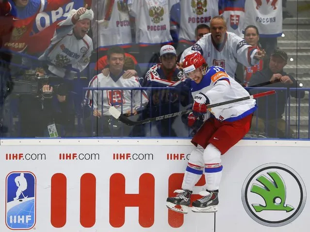 Russia's Artemi Panarin celebrates after scoring the winning goal against Slovakia during their Ice Hockey World Championship game at the CEZ arena in Ostrava, Czech Republic May 10, 2015. (Photo by Laszlo Balogh/Reuters)