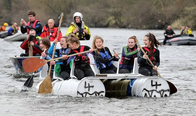 Pictured at the start of the Mallow Search & Rescue Annual Raft Race, the St. Marys Secondary School Mallow crew enjoy going down the river backwards, at the Mallow Bridge, Mallow, Co. Cork, on March 16, 2014. (Photo by Jim Coughlan)
