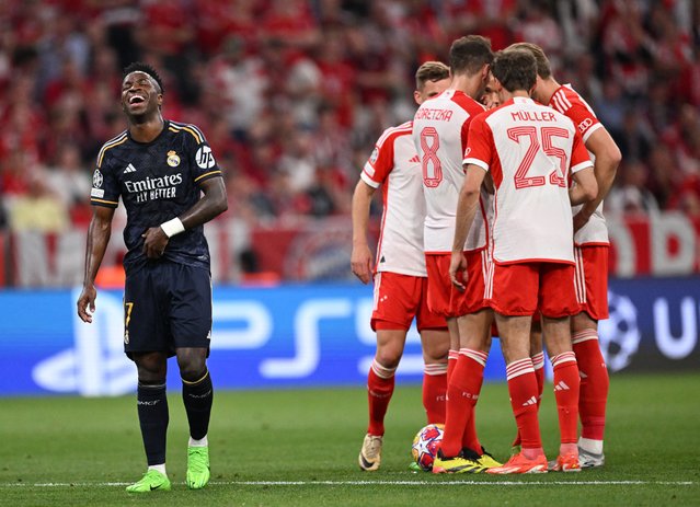 Real Madrid's Brazilian forward #07 Vinicius Junior reacts during the UEFA Champions League semi-final first leg football match between FC Bayern Munich and Real Madrid CF on April 30, 2024 in Munich, southern Germany. (Photo by Kirill Kudryavtsev/AFP) Photo