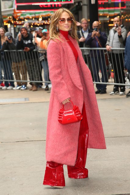 American actress and singer Jennifer Lopez stuns in red leather pants, red coat, red turtleneck and red Andrea Wazen Franca bag at Good morning America New York City early May 2024. (Photo by Christopher Peterson/Splash News and Pictures)
