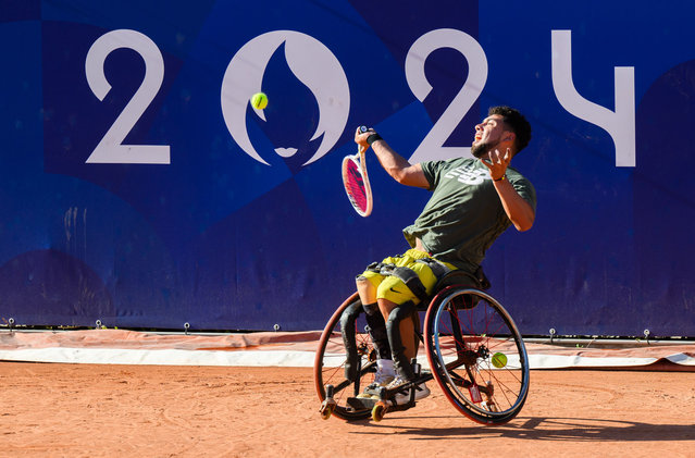 Bryan Tapia from Chile takes part in a wheelchair tennis training session at the Stade Roland Garros in Paris, ahead of the Paralympic Games on August 28, 2024. (Photo by Julian Stratenschulte/DPA via Reuters)