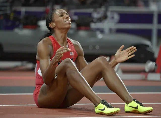 August 8, 2012; London, United Kingdom; Lashinda Demus (USA) reacts after finishing second in the women's 400m hurdles in 52.77 during the London 2012 Olympic Games at Olympic Stadium. (Photo by Kirby Lee/USA TODAY Sports)