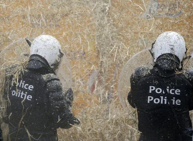 Belgian riot police officers are covered by hay and eggs thrown by demonstrators as farmers and dairy farmers from all over Europe take part in a demonstration outside an European Union farm ministers emergency meeting at the EU Council headquarters in Brussels, Belgium, September 7, 2015. (Photo by Jacky Naegelen/Reuters)