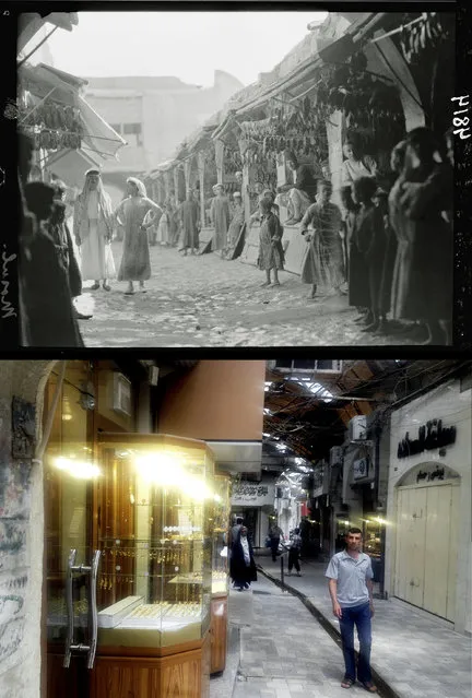 This combination of two photographs shows a 1932 image of Iraqi vendors and customers in the shoe market in Mosul, northern Iraq from the Library of Congress, top, and a Monday, July 7, 2014 file photo of a man walking in a market, nearly a month after Islamic militants took over the country's second largest city. (Photo by AP Photo)