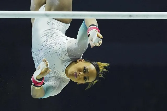 Rebeca Andrade of Brazil competes on the uneven bars during the Women's All-Around Final at the Men's Team Final during the Artistic Gymnastics World Championships at M&S Bank Arena in Liverpool, England, Thursday, November 3, 2022. (Photo by Jon Super/AP Photo)