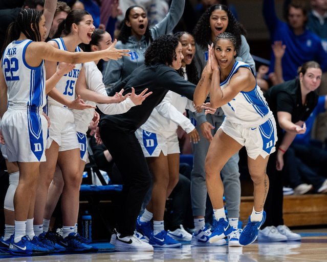 Ashlon Jackson #3 of the Duke Blue Devils reacts after making a basket in the second half against the Oregon Ducks during a second round game of the women’s NCAA basketball tournament at Cameron Indoor Stadium on March 23, 2025 in Durham, North Carolina. (Photo by Jacob Kupferman/Getty Images)