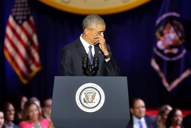 President Barack Obama cries as he speaks during his farewell address in Chicago, Illinois on January 10, 2017. Barack Obama closes the book on his presidency, with a farewell speech in Chicago that will try to lift supporters shaken by Donald Trump's shock election. (Photo by Joshua Lott/AFP Photo)