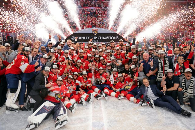The Florida Panthers pose with the Stanley Cup after winning game six of the 2025 Stanley Cup Final against the Edmonton Oilers on June 18, 2025. (Photo by Sam Navarro/Reuters)