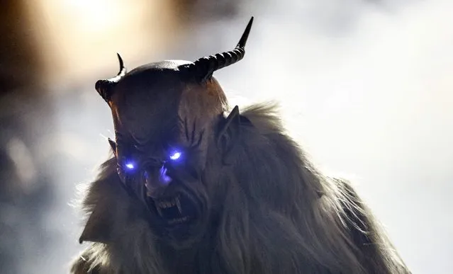 A man dressed in traditional Perchten costume and mask performs during a Perchten festival in the western Austrian village of Huben November 22, 2014. Each year in November and January people in the western Austria regions dress up in Perchten (also known in some regions as Krampus or Tuifl) costumes and parade through the streets to perform a 1,500 year-old pagan ritual to disperse the ghosts of winter. (Photo by Dominic Ebenbichler/Reuters)