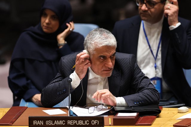 Iranian Ambassador to the UN Amir Saeid Iravani listens during a United Nations Security Council meeting on the situation in the Middle East, including Iran's recent attack against Israel, at UN headquarters in New York City on April 14, 2024. World leaders urged restraint on April 14 after Israel came under an unprecedented attack from Iranian drones and missiles that drew widespread condemnation and sparked fears of a broader conflict. The UN Security Council emergency meeting was requested by Israel. (Photo by Charly Triballeau/AFP Photo)