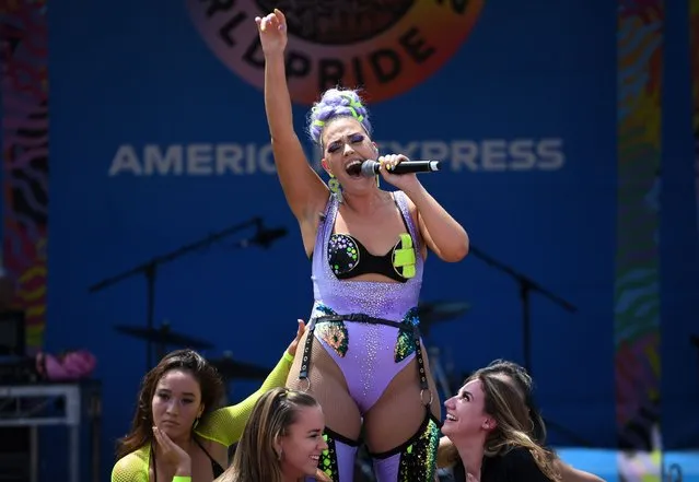 Sydney born singer-songwriter Penelope Pettigrew performs at the Sydney WorldPride 2023 fair day in Sydney, Sunday on February 19, 2023. (Photo by Steven Saphore/AAP Image)