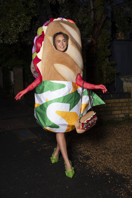 Former UK' YouTube star Millie Grace Court was spotted serving up a show-stopping look on her way to a Halloween party in London on October 30, 2025. The Love Island star stepped out in a giant Meatball Marinara-inspired costume as a tribute to her favourite Subway order. (Photo by PinPep)