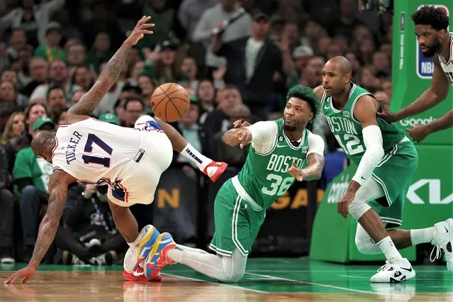 Marcus Smart #36 of the Boston Celtics makes a pass around P.J. Tucker #17 of the Philadelphia 76ers on the floor during the first quarter of game two of the Eastern Conference Second Round Playoffs at TD Garden on May 03, 2023 in Boston, Massachusetts. (Photo by Maddie Meyer/Getty Images)